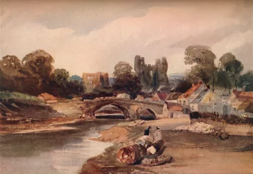 Un village sur une rivière, avec pont et ruines, vers 1824
