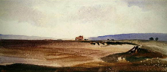 Paysage ouvert avec une charrette au loin