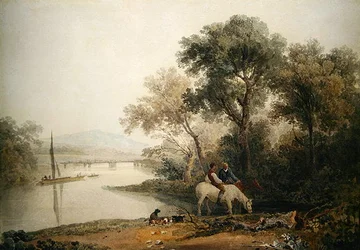 Rustiques abreuvant leurs chevaux au bord d