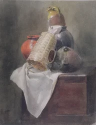 Nature morte : pots, panier et tissu sur un coffre