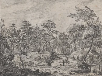 Paysage forestier avec un cavalier conversant avec un homme au centre, un pont à droite, 1716