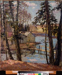 Printemps. À un étang. Peinture de Pyotr Ivanovich Petrovichev (1874-1947), huile sur toile