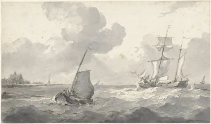 Deux-mâts et bateau de pêcheurs au large