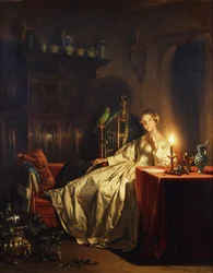 Intérieur éclairé à la bougie avec une dame assise à une table, 1865