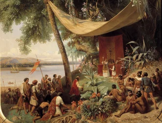 La première messe en Amérique (XVe siècle). Messe à Cuba en 1494, deuxième voyage de Colomb à La Havane. Détail