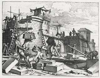 Prisonniers de guerre portugais construisant un fort près de Kandy (gravure)