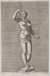 Planche 7 : Diane, statue de la déesse nue debout sur un socle, portant un croissant de lune dans ..., 1586