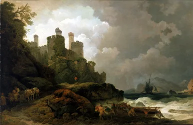 Un bateau de pêche tiré à terre, près du château de Conwy (Pays de Galles)