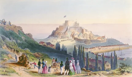 Arrivée de Sa Majesté au Mont Orgueil, 3 septembre 1846, de la visite de la reine Victoria à Jersey, gravé par H. Walter, 1847