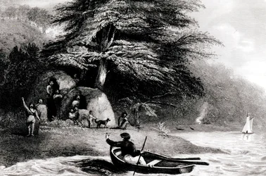 Cabane fuégienne à Hope Harbour dans le canal de Magellan, gravée par S. Bull, 1838