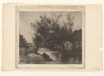 Paysage de village avec fossé et bateaux