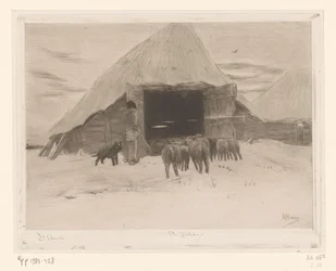 Berger menant un troupeau de moutons dans une grange (Grange dans la neige)