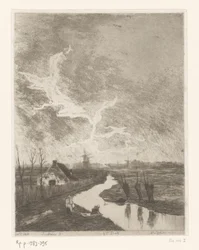Paysage de prairie avec fossé, ferme et moulins (Environs de La Haye)