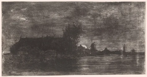 Paysage avec maisons et moulin au bord de l