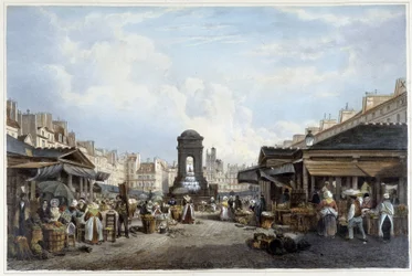 La promenade autour de la fontaine des Innocents, vers 1840 - dans "Promenade dans Paris et ses environs", ill. par Jacottet et Benoist, Paris, v.1840
