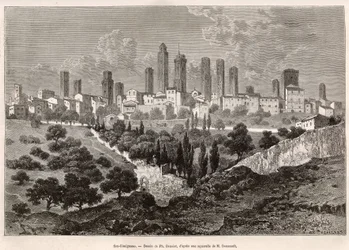 Vue de San Gimignano (Toscane, Italie). Gravure d