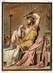 Agamemnon, costume pour « Iphigénie en Aulide » de Jean Racine, tiré du volume II des « Recherches sur les costumes et le théâtre de toutes les nations », gravé par Pierre Michel Alix (1762-1817), 1802