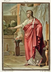 Pyrrhus, costume pour « Andromaque » de Jean Racine, tiré du volume I des « Recherches sur les costumes et le théâtre de toutes les nations », gravé par Pierre Michel Alix (1762-1817), 1802