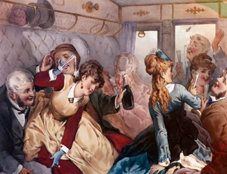Le Train de Plaisir Un groupe de bourgeois buvant et se divertissant dans un wagon. Lithographie par Philippe Jacques Linder