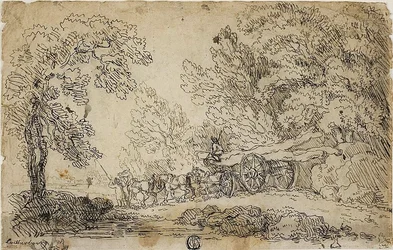 Transport de grumes dans une forêt (recto) ; croquis de personnes dans diverses activités (verso)