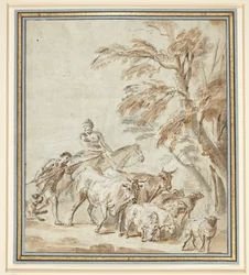 Bergers avec vaches et moutons. À gauche, un berger avec un bâton, à côté de lui un berger à cheval. À droite, des arbres