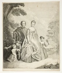 La promenade en famille, également appelée Philippe Mercier, sa première femme et famille