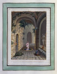 Chloé se lave dans la fontaine des nymphes en présence de Daphnis. Dessin de Philippe d