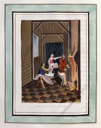 Chloé verse à boire à Daphnis. Dessin de Philippe d
