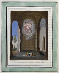 Les nymphes promettent à Daphnis le retour de Chloé. Dessin de Philippe d