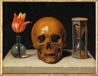 Vanitas, allégorie du temps fugace avec crâne et sablier (huile sur toile)