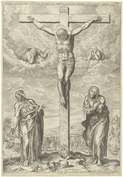 Christ en croix flanqué de Marie et Jean dans un paysage