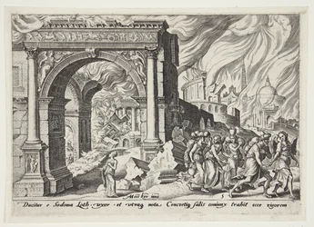 Lot et sa famille quittant Sodome en flammes