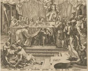 Les prêtres de Bel mangent et boivent dans le temple, planche 4, et Daniel nourrit le dragon, planche 7, planches 4 et 7 de la série «L
