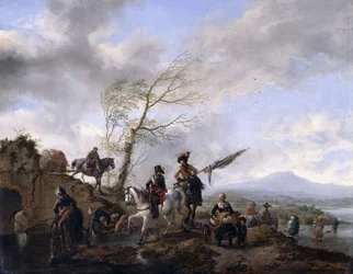 Un vaste paysage fluvial avec des soldats et un porte-étendard abreuvant leurs chevaux