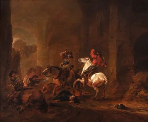 Bandits embusquant des voyageurs sur un chemin parmi des ruines, c.1635-50