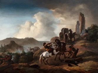 Bandits embusquant des voyageurs sur un chemin dans un paysage italianisant, c.1640-50