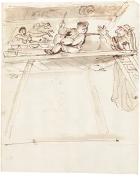 Caricature de Pier Francesco Mola interrompant Giovanni Battista Passeri peignant une décoration de plafond de Vénus allongée