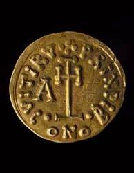 Solidus du prince Arechi, verso, pièces lombardes, VIIIe siècle