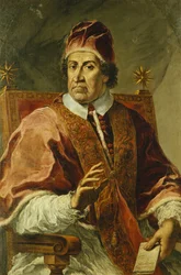 Portrait du Pape Clément XI, assis mi-longueur, portant des robes papales, tenant une lettre