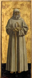 Polyptyque de la Miséricorde : la Vierge de la Miséricorde entourée de saints (détail représentant Saint Benoît de Nursie)