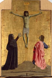 Polyptyque de la Miséricorde : la Vierge de la Miséricorde entourée de saints (détail représentant la crucifixion avec l
