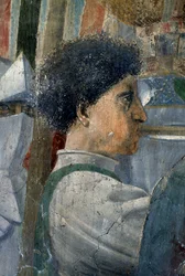La Légende de la Vraie Croix, la Victoire de Constantin au Pont Milvius, soldat soufflant dans une trompette (détail)