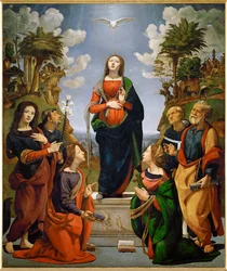Immaculée Conception avec six saints (huile sur bois)