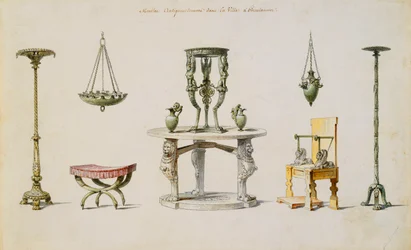 Différents vases, meubles, autels et trépieds découverts à Herculanum