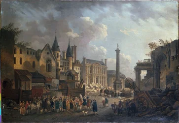 Spectacle forain à un carrefour imaginaire à Paris, vers 1770