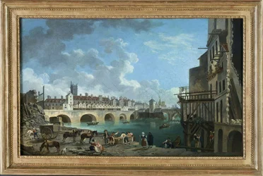 Vue du quai de Gesvres au moment de la démolition des maisons du pont au Change, vers 1788