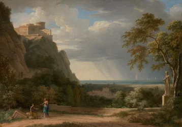 Paysage classique avec figures et sculpture