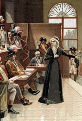 Révolution française : la reine de France Marie-Antoinette devant le juge lors de son procès le 14 octobre 1793 (dessin)