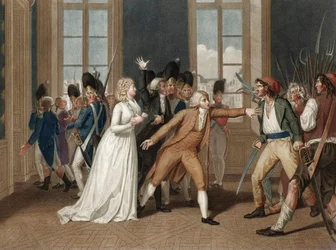 Journée du 20 juin 1792 au château des Tuileries à Paris - Dévouement de Madame Élisabeth (Élisabeth Philippine Marie Hélène de France dite Madame Élisabeth (1764-1794) - gravure par Pierre Bouillon (1776-1831)