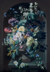 Vase de fleurs avec mimosas et vase de fleurs avec grappe de raisin (paire)